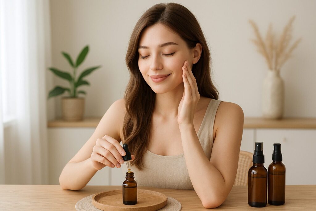 植物由来のスキンケアアイテムを使う女性｜オーガニックケアのイメージ