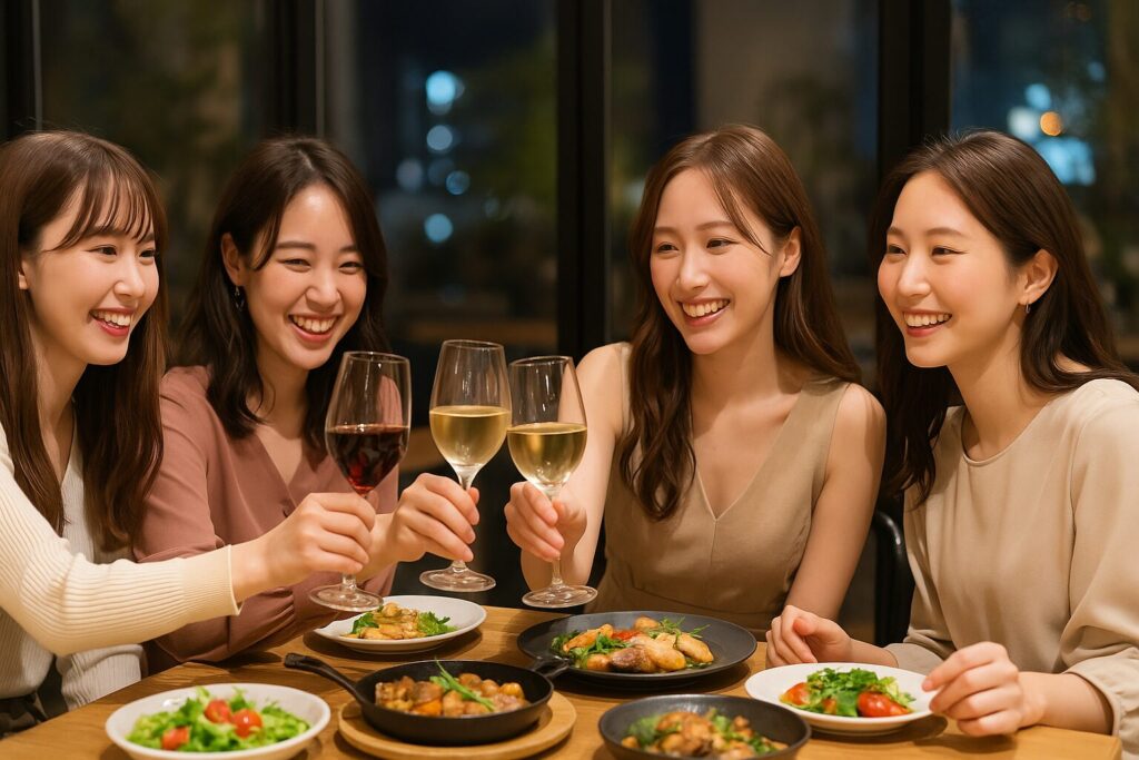 夜のレストランで乾杯を楽しむ20代の日本人女性たち。テーブルには料理が並び、落ち着いた照明の中で笑顔を交わしている