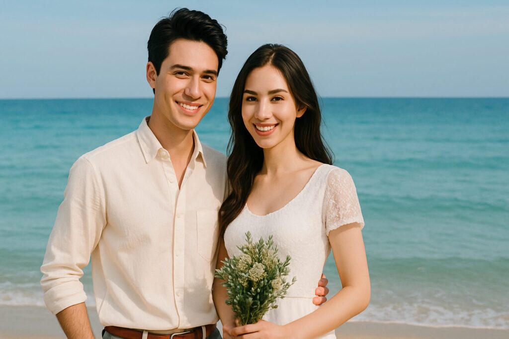 海辺で笑顔を交わすカップル。白いワンピースとベージュシャツ姿で自然体の結婚イメージ。