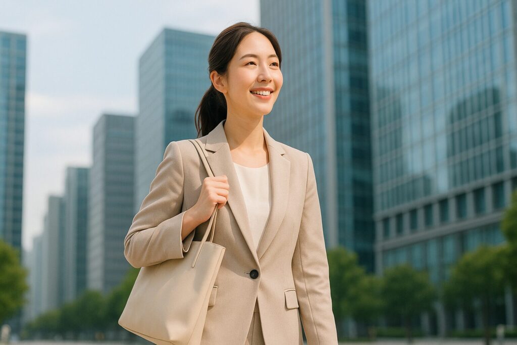 都心のオフィス街を歩くキャリア女性。ベージュのスーツ姿で前向きな印象。
