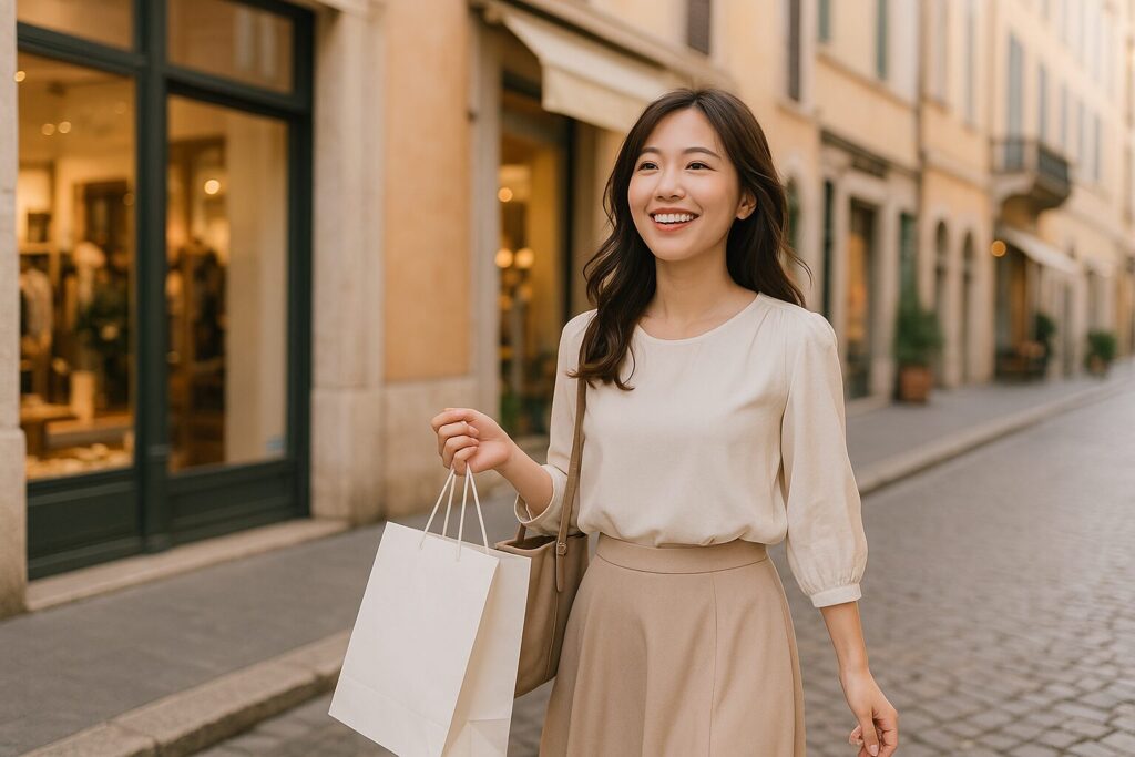 おしゃれな街並みを歩く女性。ショッピングバッグを手に、自分時間を楽しんでいる様子。