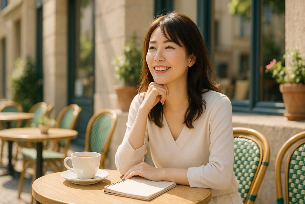 明るいカフェテラスでノートを開く女性。暮らしやお金のことを前向きに考えるひととき。